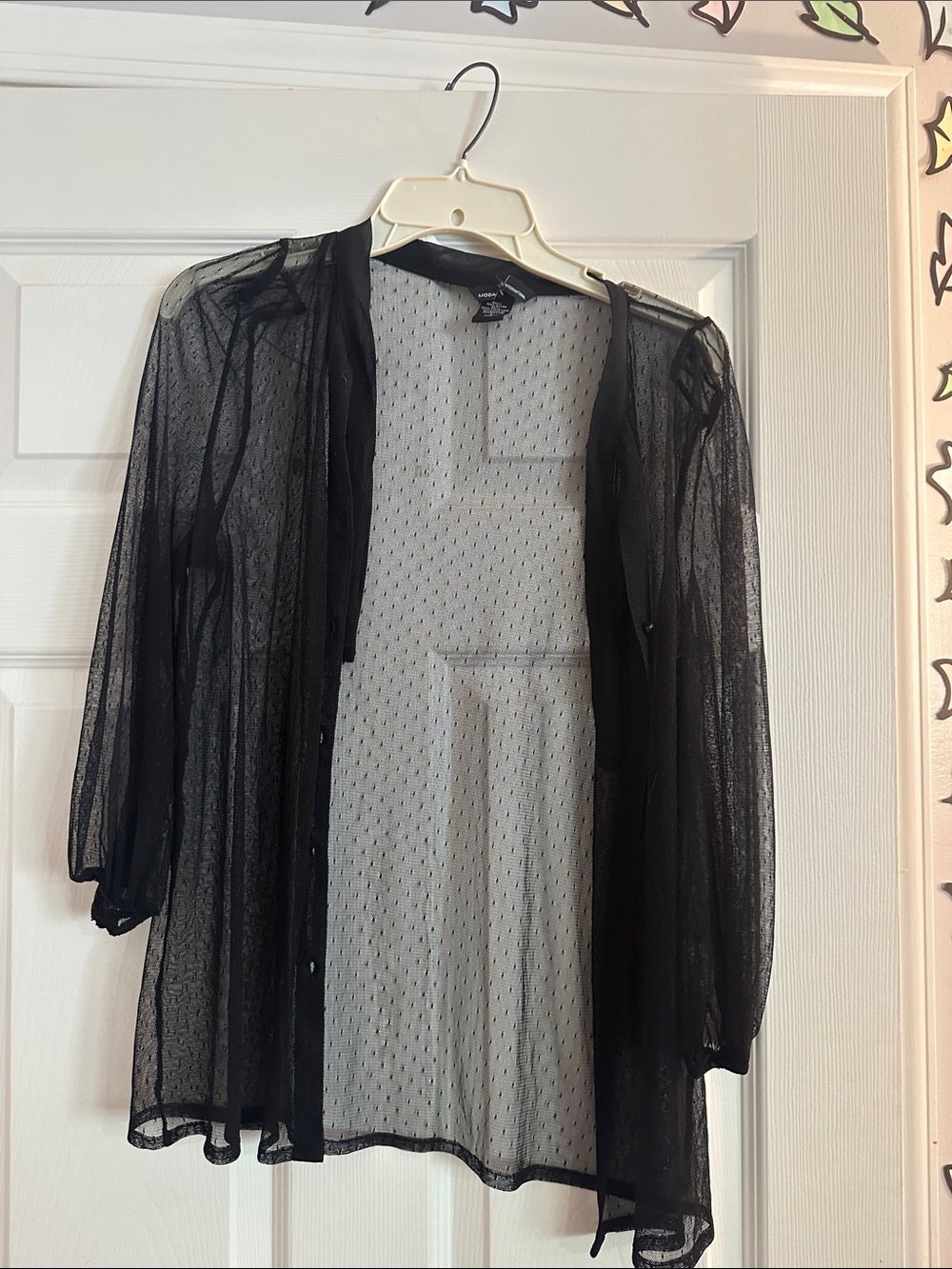 Moda Black Sheer Dot Mesh Button-Front Robe